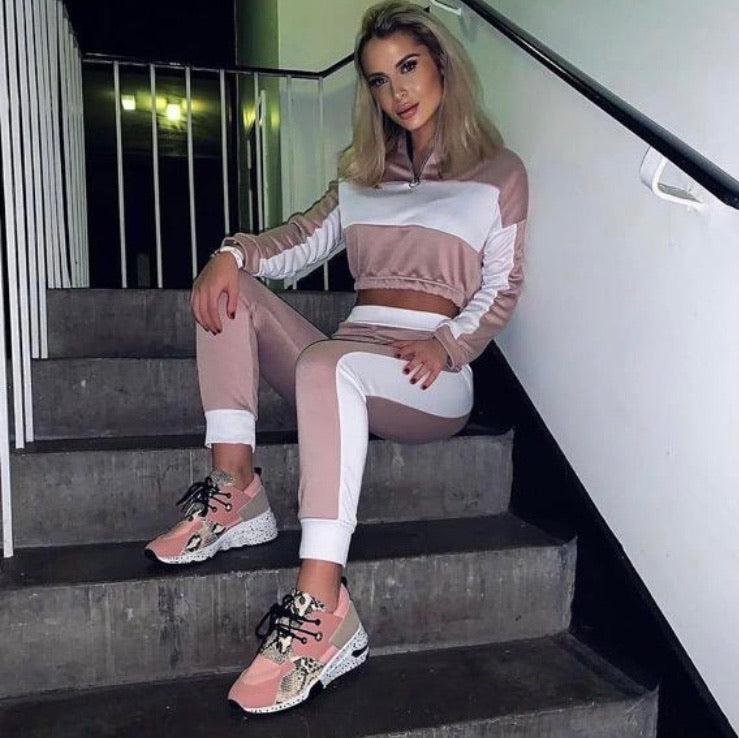 Pink Colour Blocked Zip Detail Cropped Top Lounge Set