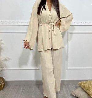 Button Front Tie Waist Shirt And Trousers Set