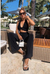 Black Slinky Halterneck Crop Top & Wide Leg Trousers | Uniquely Sophia's