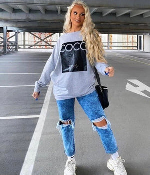 Grey Coco Print Oversized Sweatshirt