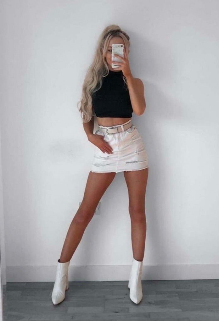 White Distressed Frayed Hem Denim Mini Skirt | Uniquely Sophia's