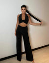 Black Slinky Halterneck Crop Top & Wide Leg Trousers | Uniquely Sophia's