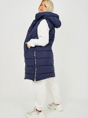 Longline Padded Navy Hooded Gilet
