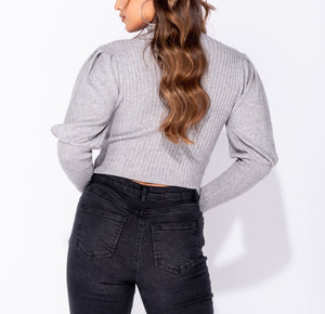 Puff Sleeve High Neck Rib Panel Knitted Jumper | Uniquely Sophia's