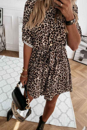 Leopard Self Belt Long Sleeve Shirt Dress