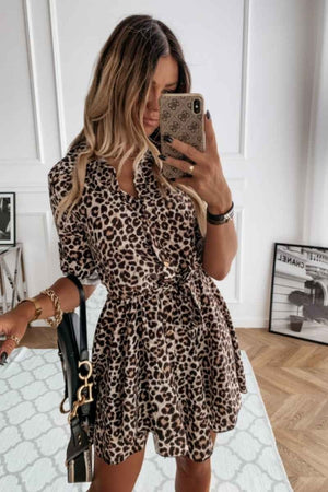 Leopard Self Belt Long Sleeve Shirt Dress