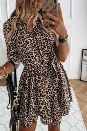 Leopard Self Belt Long Sleeve Shirt Dress | Uniquely Sophia's
