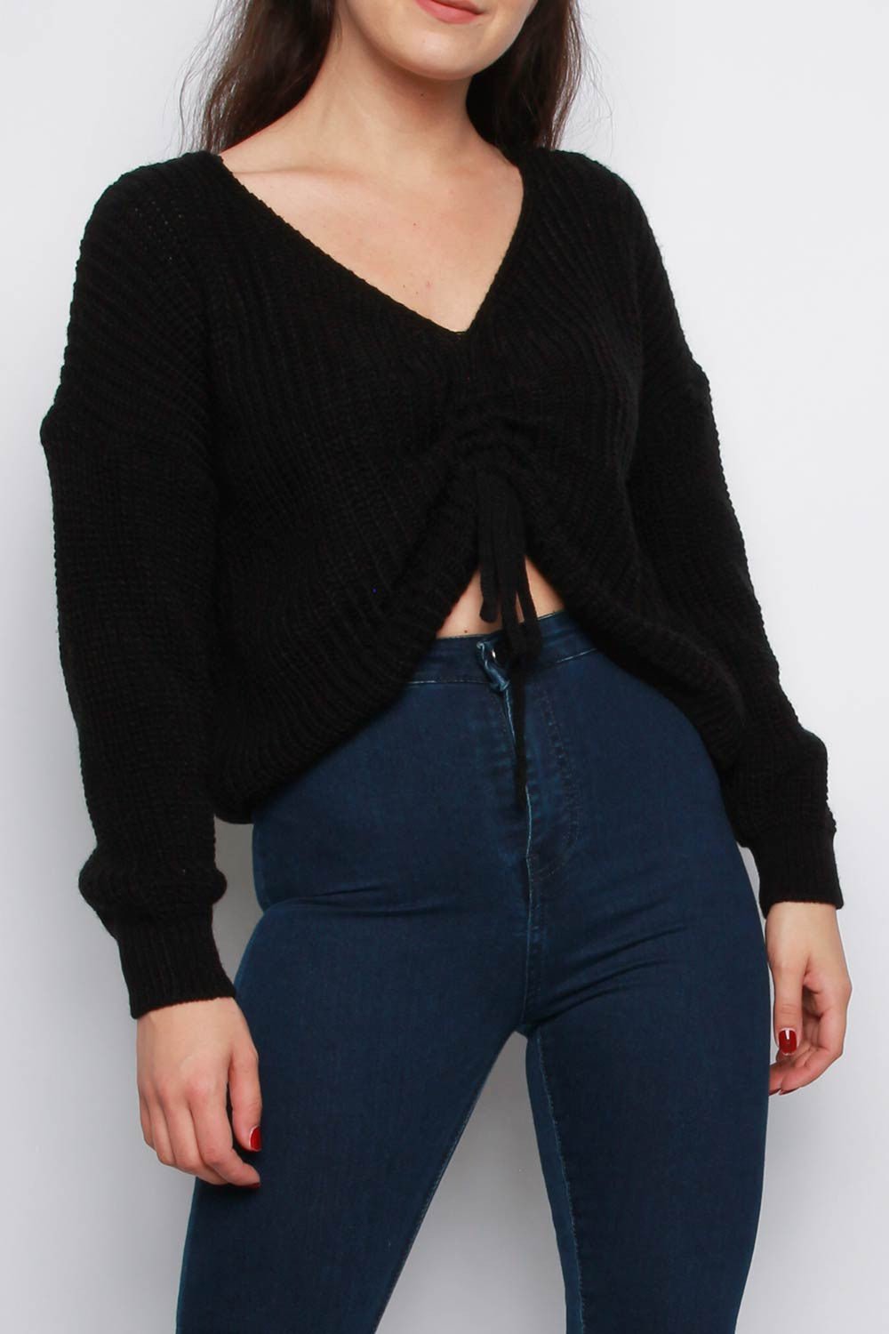 Black V Neck Ruching Detail Tie Up Jumper