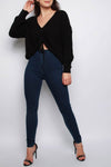 Black V Neck Ruching Detail Tie Up Jumper