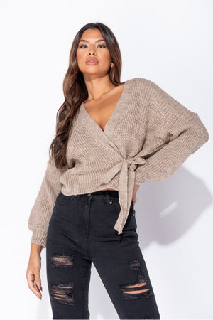 Mocha Wrap Front Belted Puff Sleeve Cropped Cardigan