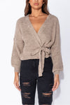 Mocha Wrap Front Belted Puff Sleeve Cropped Cardigan
