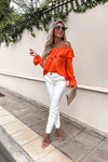 Orange Bardot Long Sleeve Frilled Top | Uniquely Sophia's