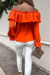 Orange Bardot Long Sleeve Frilled Top