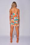 Orange Chain Strap Abstract Print Ruched Mini Dress | Uniquely Sophia's