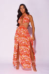 Orange Floral Circle Ring Cut Out Waist Halterneck Maxi Dress | Uniquely Sophia's