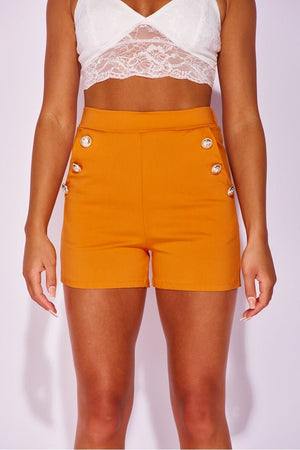 Orange Military Button High Waisted Shorts