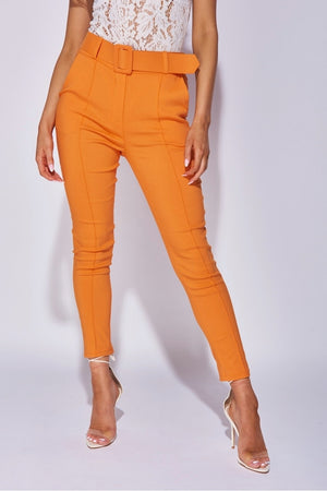 Orange Wide Buckle Belt Pintuck Tapered Trousers | Uniquely Sophia's
