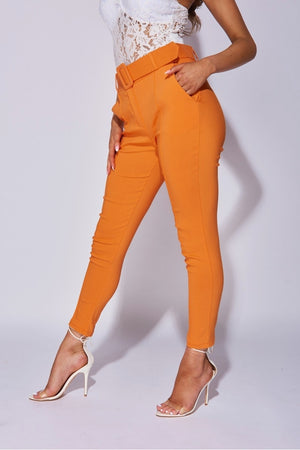 Orange Wide Buckle Belt Pintuck Tapered Trousers