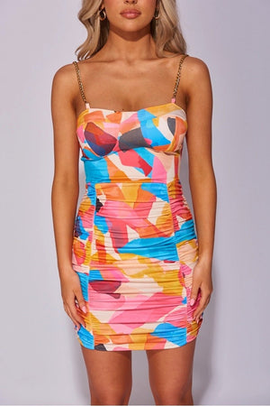 Pink Chain Strap Abstract Print Ruched Mini Dress