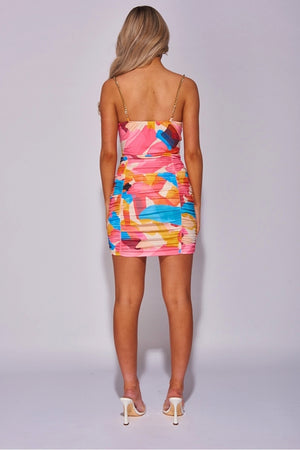 Pink Chain Strap Abstract Print Ruched Mini Dress | Uniquely Sophia's