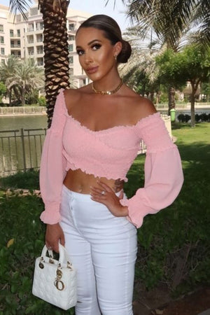 Pink Shirring Detail Long Sleeve Bardot  Crop Top | Uniquely Sophia's