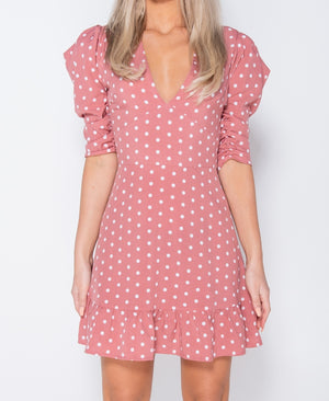 Pink Polka Dot Puff Sleeve  Mini Dress