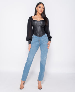 Black PU Corset Detail Top With Sheer Sleeves | Uniquely Sophia's