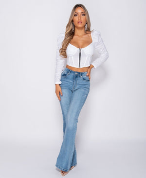 Puffed Sleeve Zip Front Corset Style Crop Top | Uniquely Sophia's