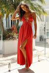 Red Cut Out Waist Thigh Split Halterneck Maxi Dress | Uniquely Sophia's