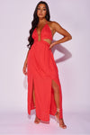 Red Cut Out Waist Thigh Split Halterneck Maxi Dress