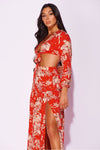 Red Floral Tie Front Balloon Sleeve Crop Top & Tiered Maxi Skirt | Uniquely Sophia's