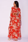 Red Floral Tie Front Balloon Sleeve Crop Top & Tiered Maxi Skirt