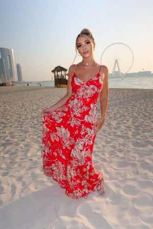 Red Floral Tie Waist Tiered Maxi Dress