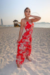 Red Floral Tie Waist Tiered Maxi Dress