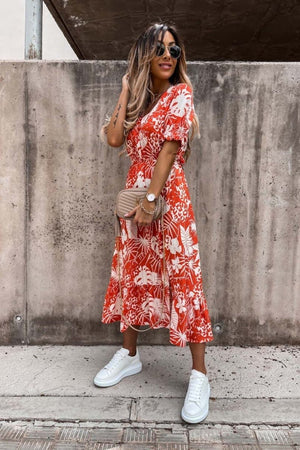Red White Short Sleeve Floral Print Midaxi Dress