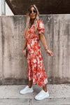 Red White Short Sleeve Floral Print Midaxi Dress