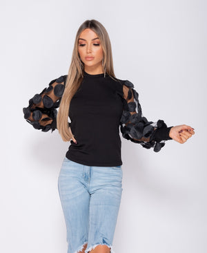 Sheer 3D Floral Sleeve High Neck Rib Top | Uniquely Sophia's