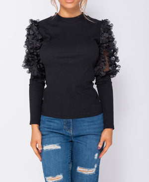 Black Sheer Frill Sleeve High Neck  Rib Knit Top | Uniquely Sophia's