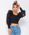 Black Sheer Frill Sleeve Scoop Neck Cropped Rib Knit Top | Uniquely Sophia's