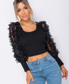 Black Sheer Frill Sleeve Scoop Neck Cropped Rib Knit Top