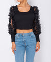 Black Sheer Frill Sleeve Scoop Neck Cropped Rib Knit Top | Uniquely Sophia's
