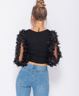 Black Sheer Frill Sleeve Scoop Neck Cropped Rib Knit Top