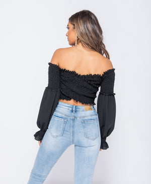Black Shirring Detail Long Sleeve Bardot  Crop Top