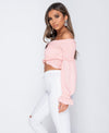 Pink Shirring Detail Long Sleeve Bardot  Crop Top | Uniquely Sophia's