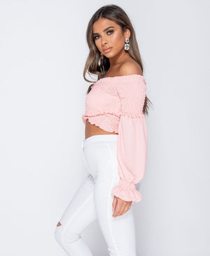 Pink Shirring Detail Long Sleeve Bardot  Crop Top
