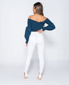 Shirring Detail Long Sleeve Bardot Denim Crop Top | Uniquely Sophia's