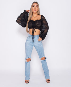 Shirring Detail Tie Front Full Sleeve Crop Top | Uniquely Sophia's
