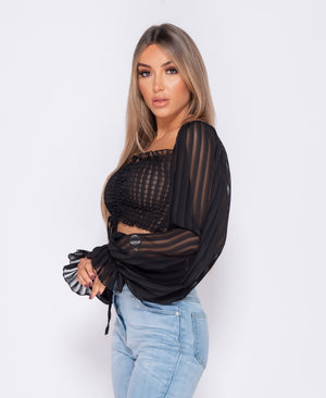 Shirring Detail Tie Front Full Sleeve Crop Top | Uniquely Sophia's