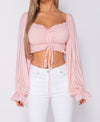 Pink Shirring Detail Tie Front Full Sleeve Crop Top | Uniquely Sophia's