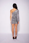 Silver Sequin One Shoulder Long Sleeve Mini Dress | Uniquely Sophia's